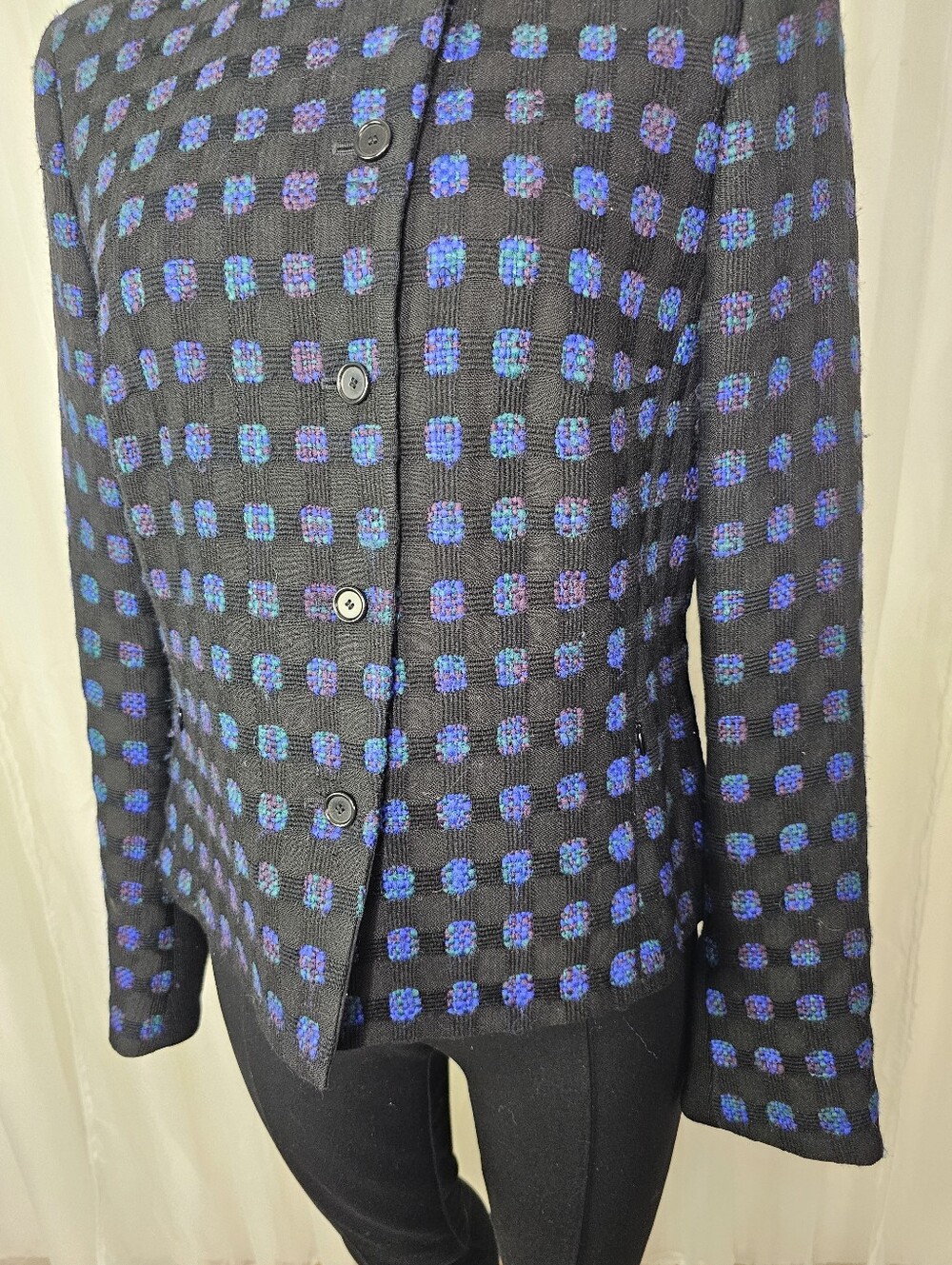 Akris Punto Black Plaid Geometric Wool Evening Jacket Blue 12 - Picture 2 of 7